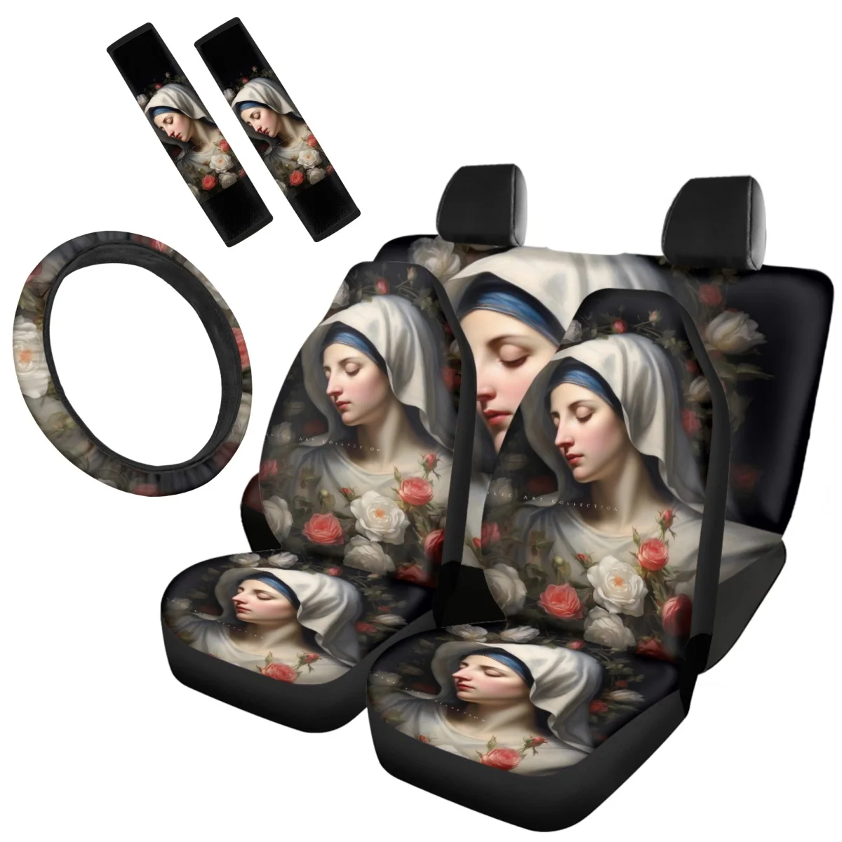 

Virgin Mary Rose Pattern Auto Front Back Seat Cover Set Universal Fit Car Truck Van Seatbelt Steering Wheel Covers High Quality