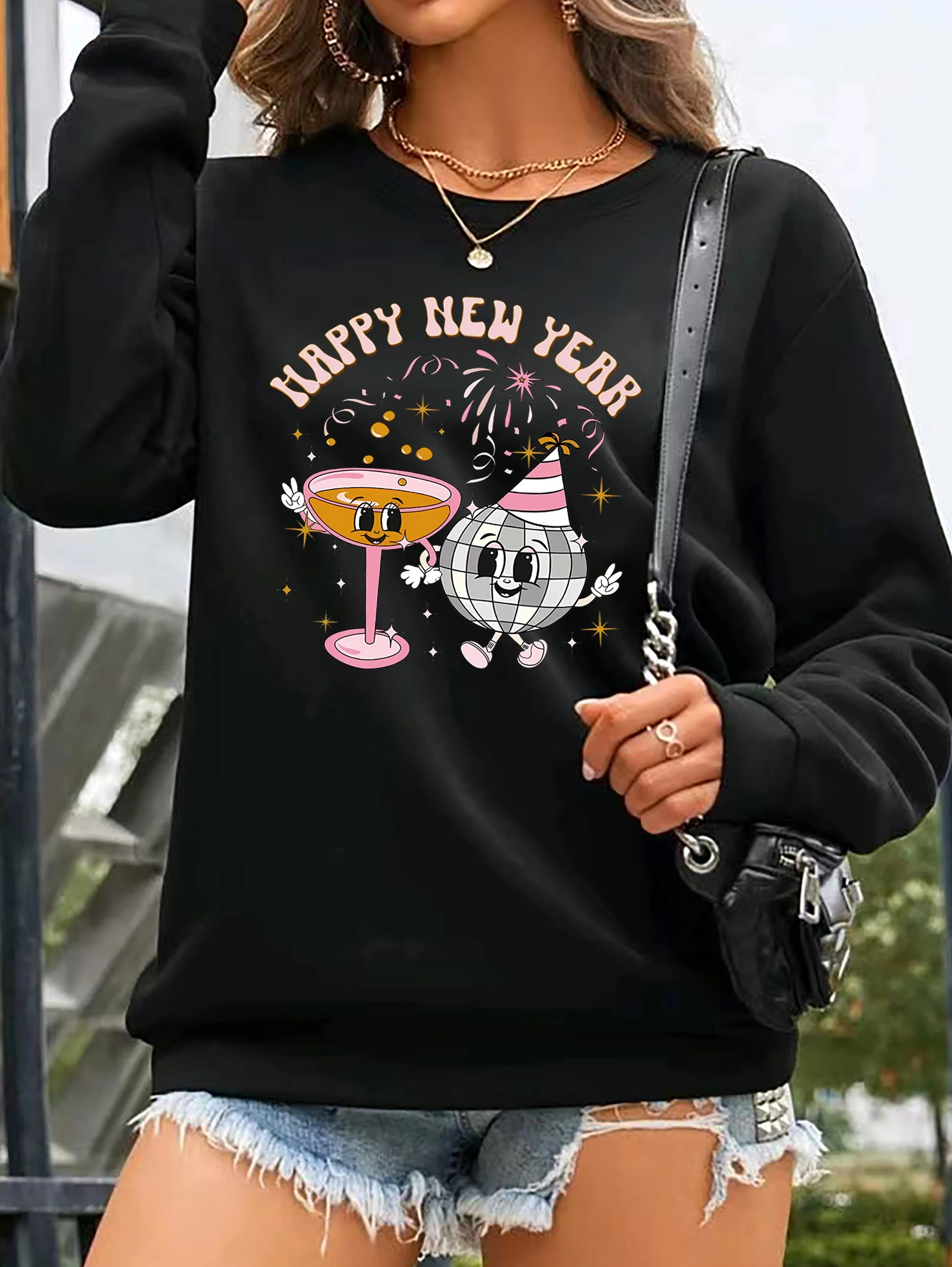 Women's Elegant New Year Casual Graphic Print New Year Happy New Year and Festive Design Champagne&machine Washable
