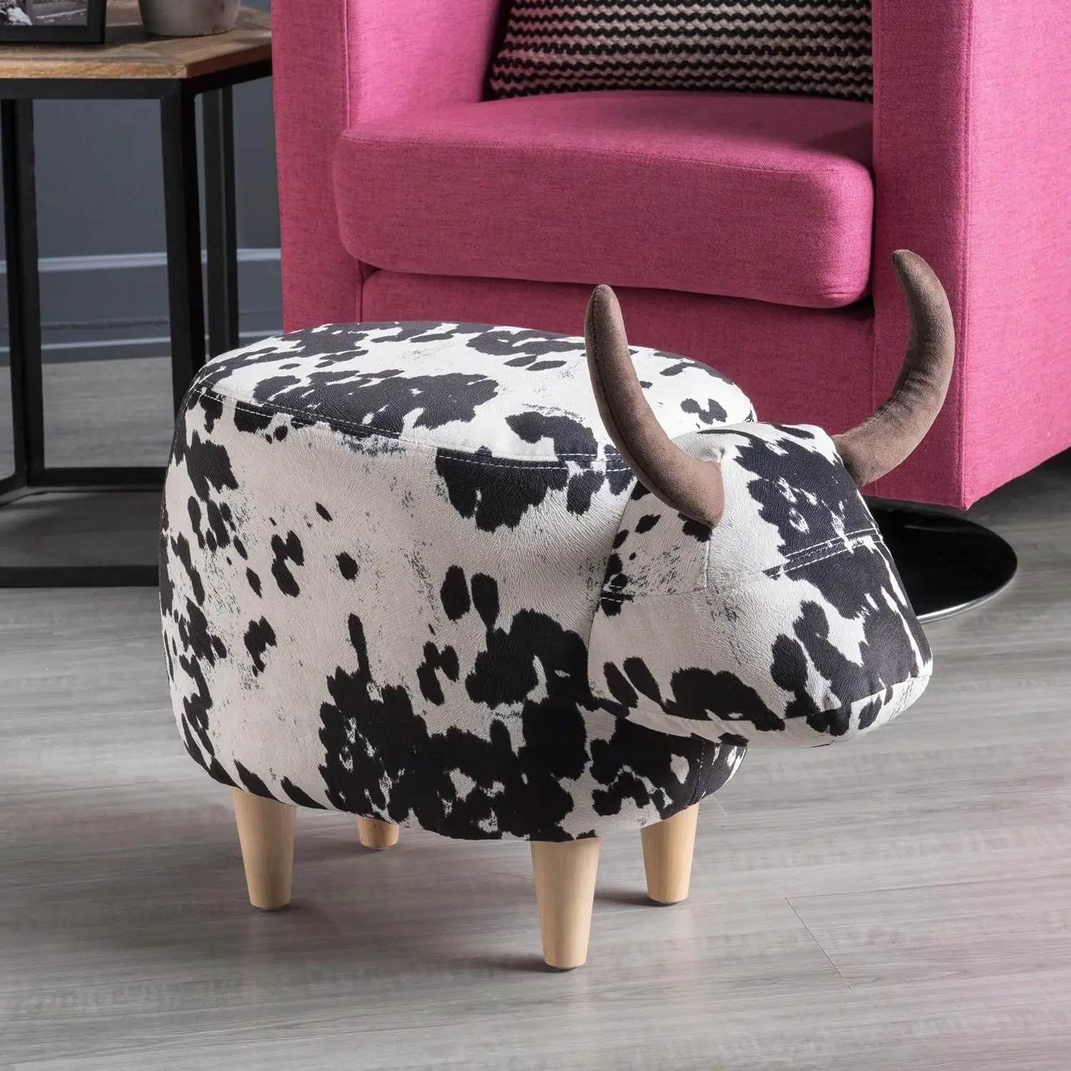 Velvet Cow Ottoman, Black & White Hide Pattern, Footrest Seat, Living Room Bedroom, 25.5x14x19.5 Inch, Customized