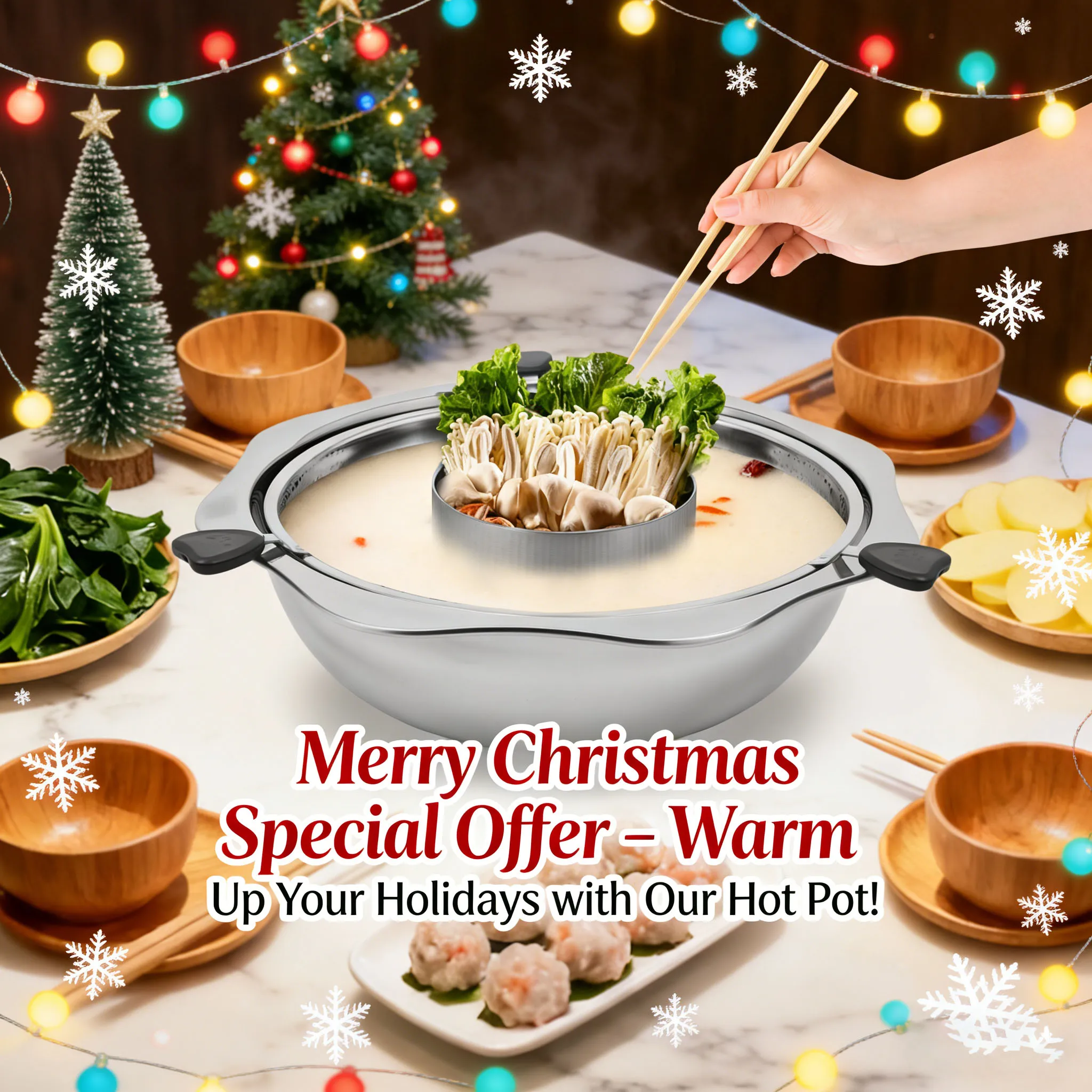 

Stainless Steel Hot Pot, 32cm Rotatable Grill Bowl, Durable Cookware for Hot Pot Cooking, Kitchen Container for Family Christmas