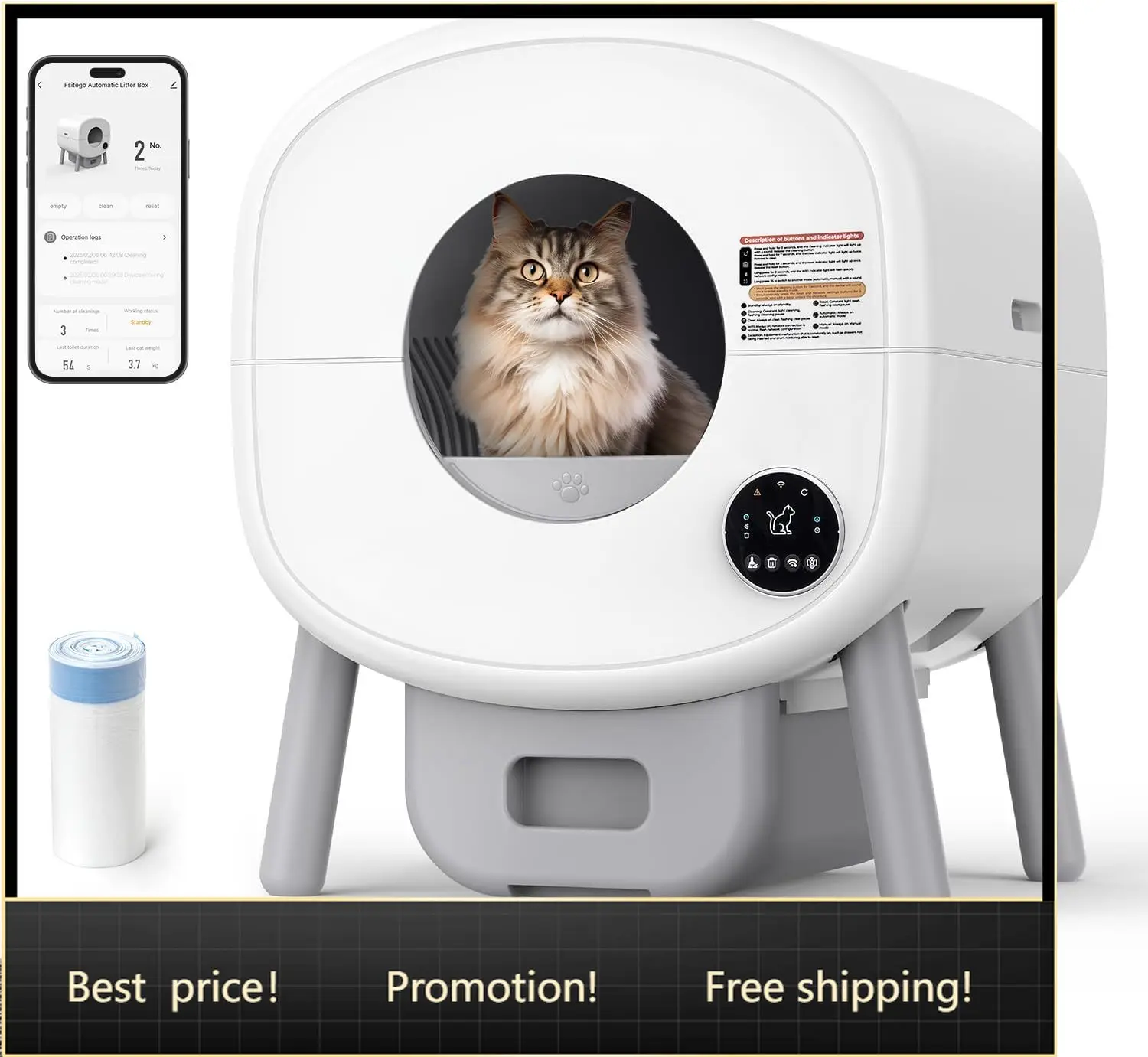 

Self Cleaning Cat Litter Box 76L Extra Large Automatic Litter Box for Multiple Cats Odor Free Smart App Control Ambient Light