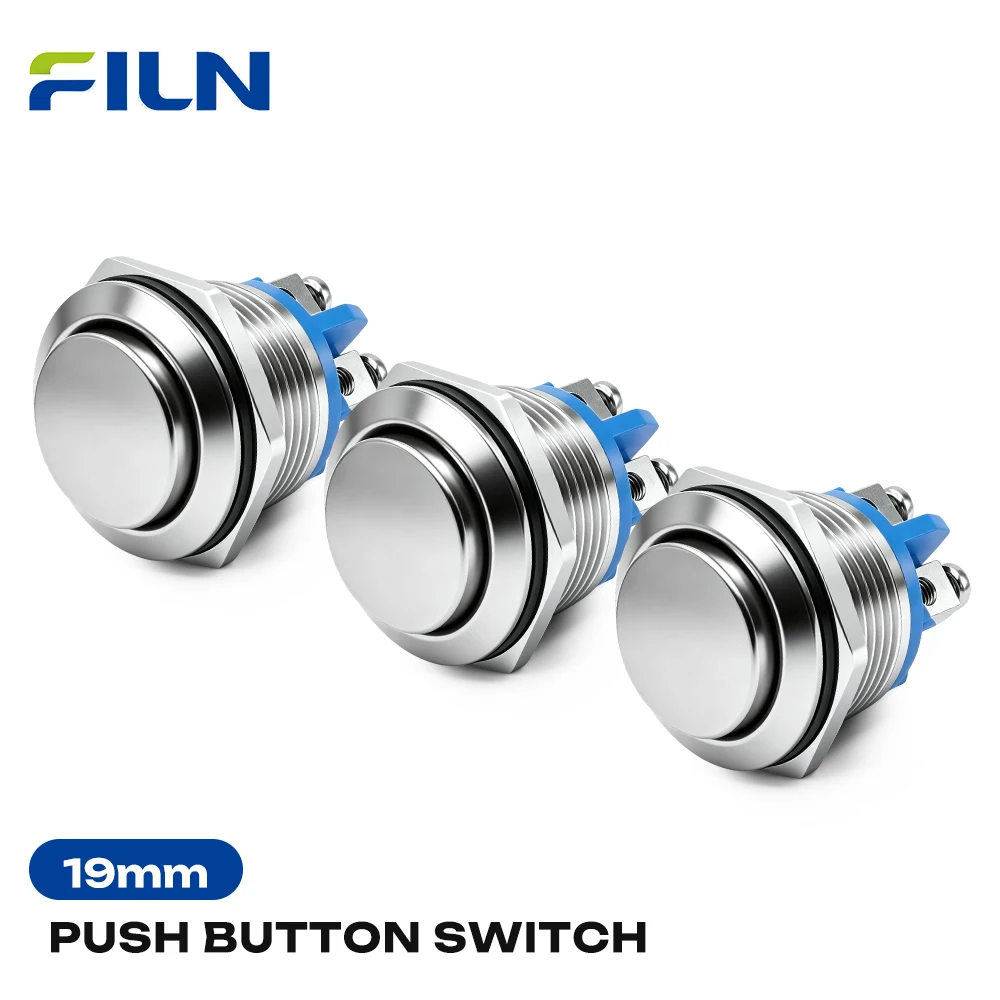 FILN 3PCS 19mm Metal Push Button Switch High Head Momentary 2 Screw Terminals Self Reset Switch for Generator