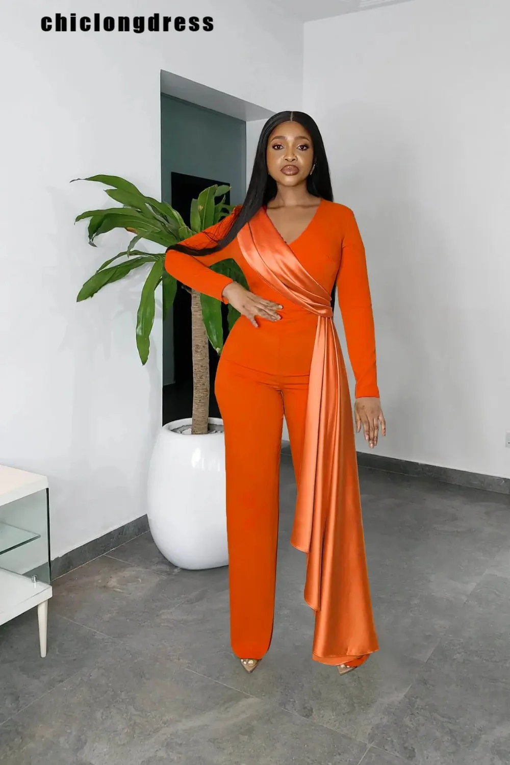 

Wide Leg Jumpsuit for Women, Satin Binding, V-neck, Long Sleeve, Straight, Casual, OL, Spring, Summer Fashion, 2022