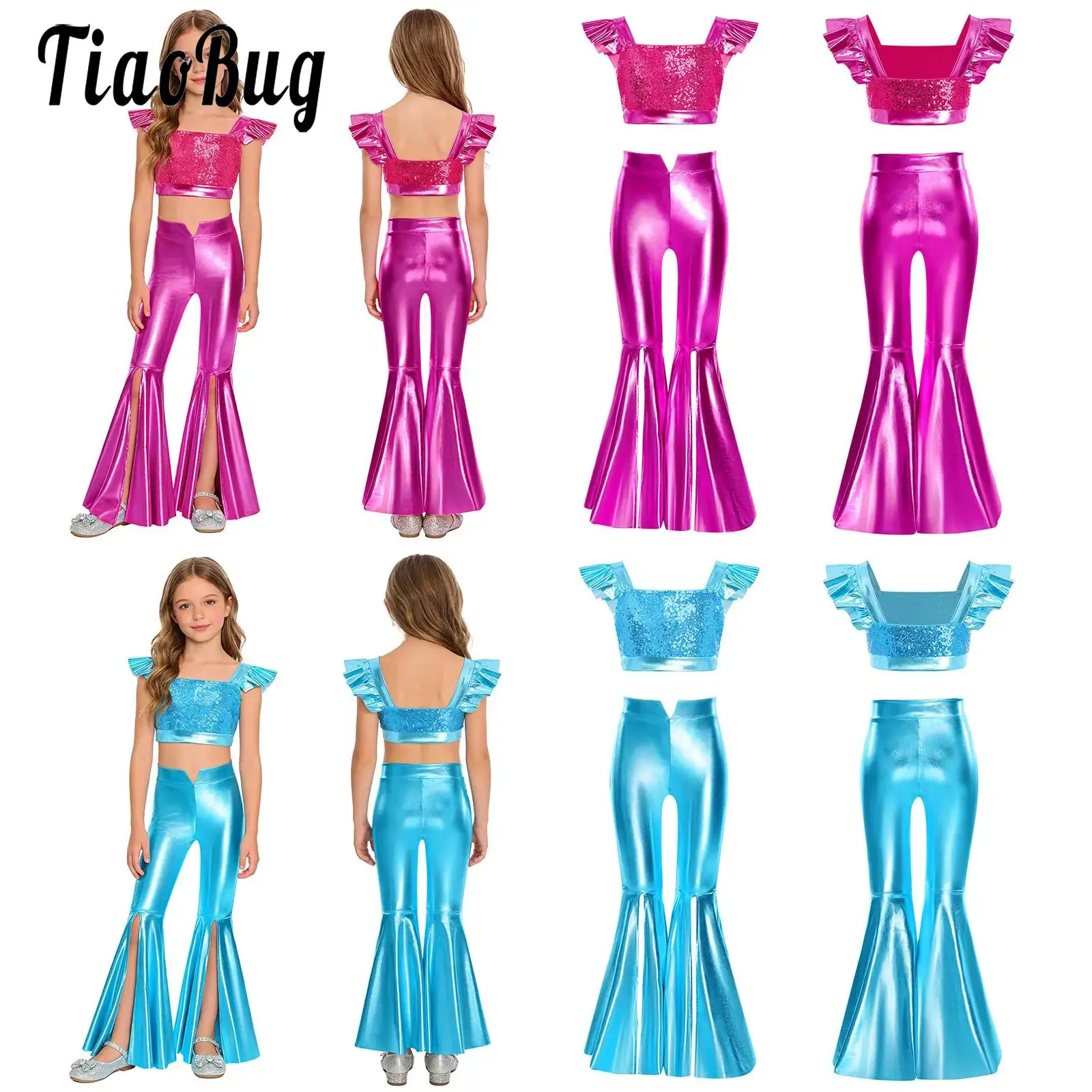 Kids Girls Disco Modern Dance Performance Outfit Jazz Dance Set Ruffled Sleeves Sparkling Sequin Metallic Crop Top with Pants