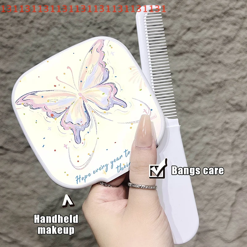 مشط مرآة وردي لطيف على شكل فيونكة محمولة، مشط مرآة محمول، فرشاة شعر متكاملة، أداة تصفيف التدليك، مرآة مكياج #4