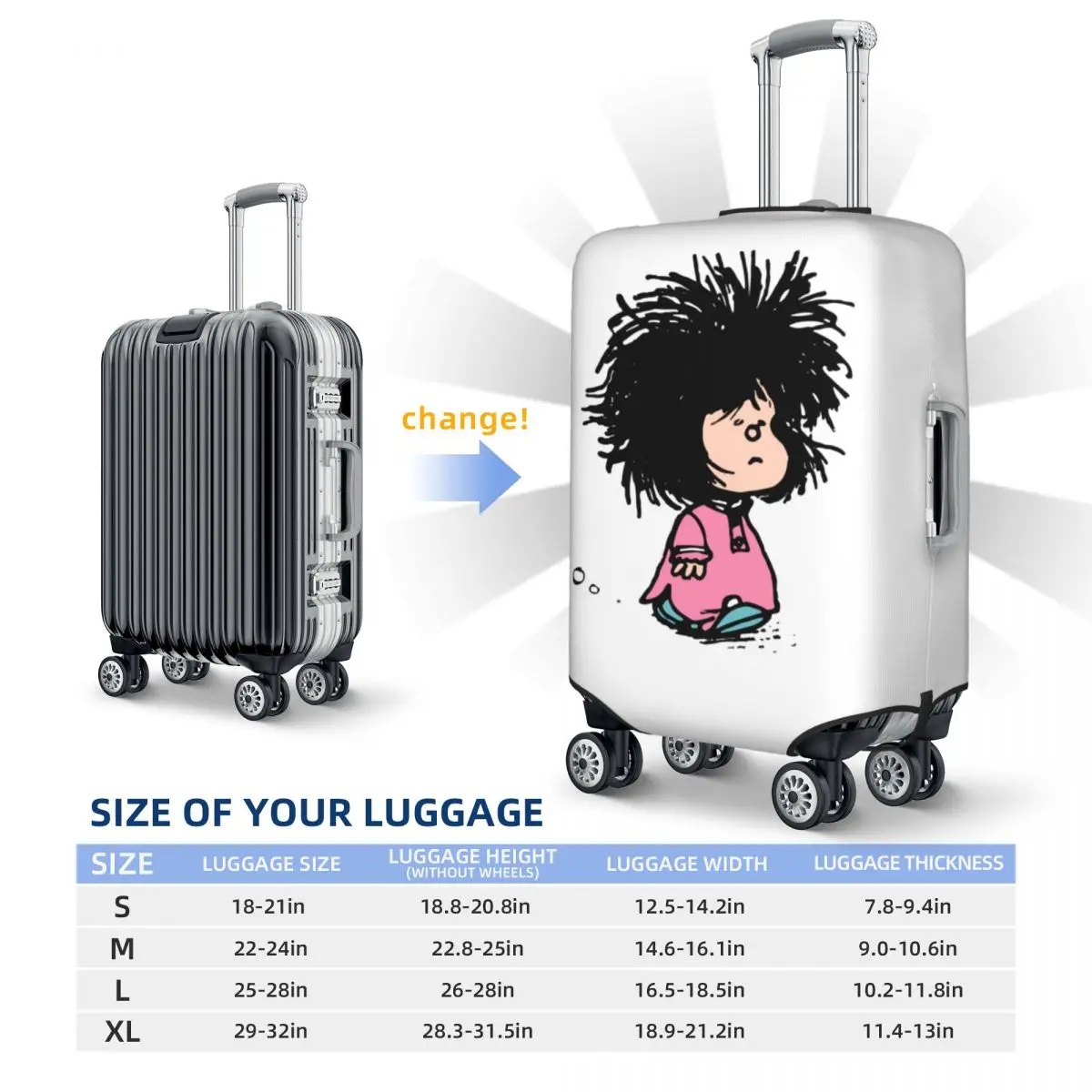 Mafalda Cartoon Suitcase Cover Disheveled Nightgown Flight Cruise Trip Elastic Luggage Accesories Protector