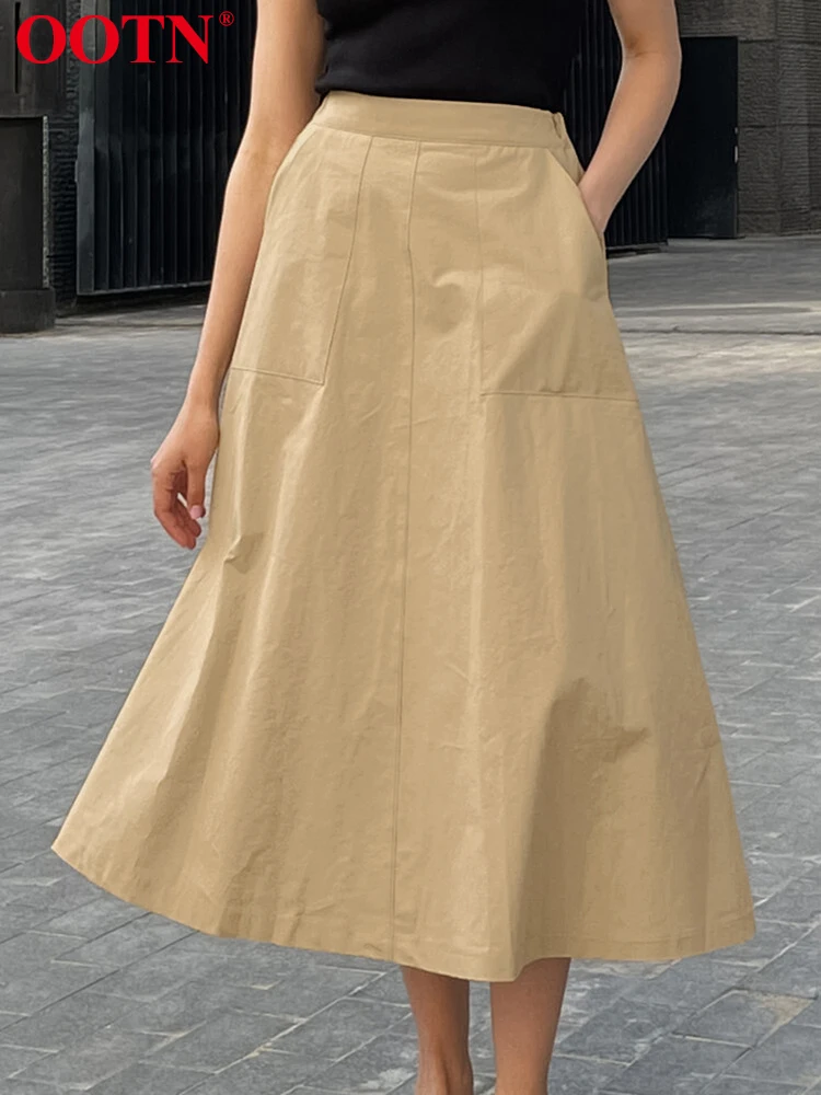 OOTN Fashion Khaki High Waist Women Skirts A Line Pockets Elegant Female Street Skirt Cotton 2024 Summer Loose Office Solid