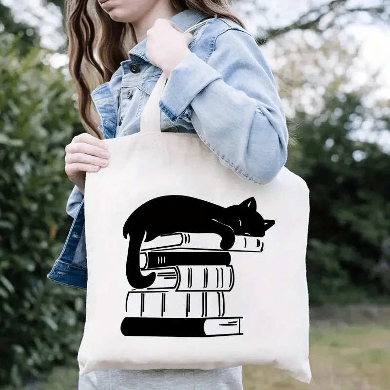 

Animal Print Canvas Shoulder Bag Black Cat on Books Pattern Tote Bag Literary Art Student Bag Daily Casual Reusable Bag
