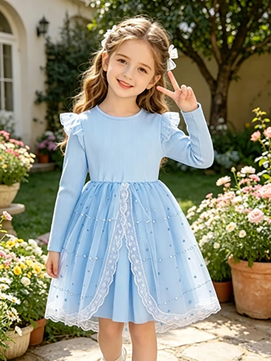 Blaues Prinzessinnenkleid mit Sternenmuster und Spitze für Kleine Mädchen, Langärmliges Tüllkleid für den Herbst – Detail 5