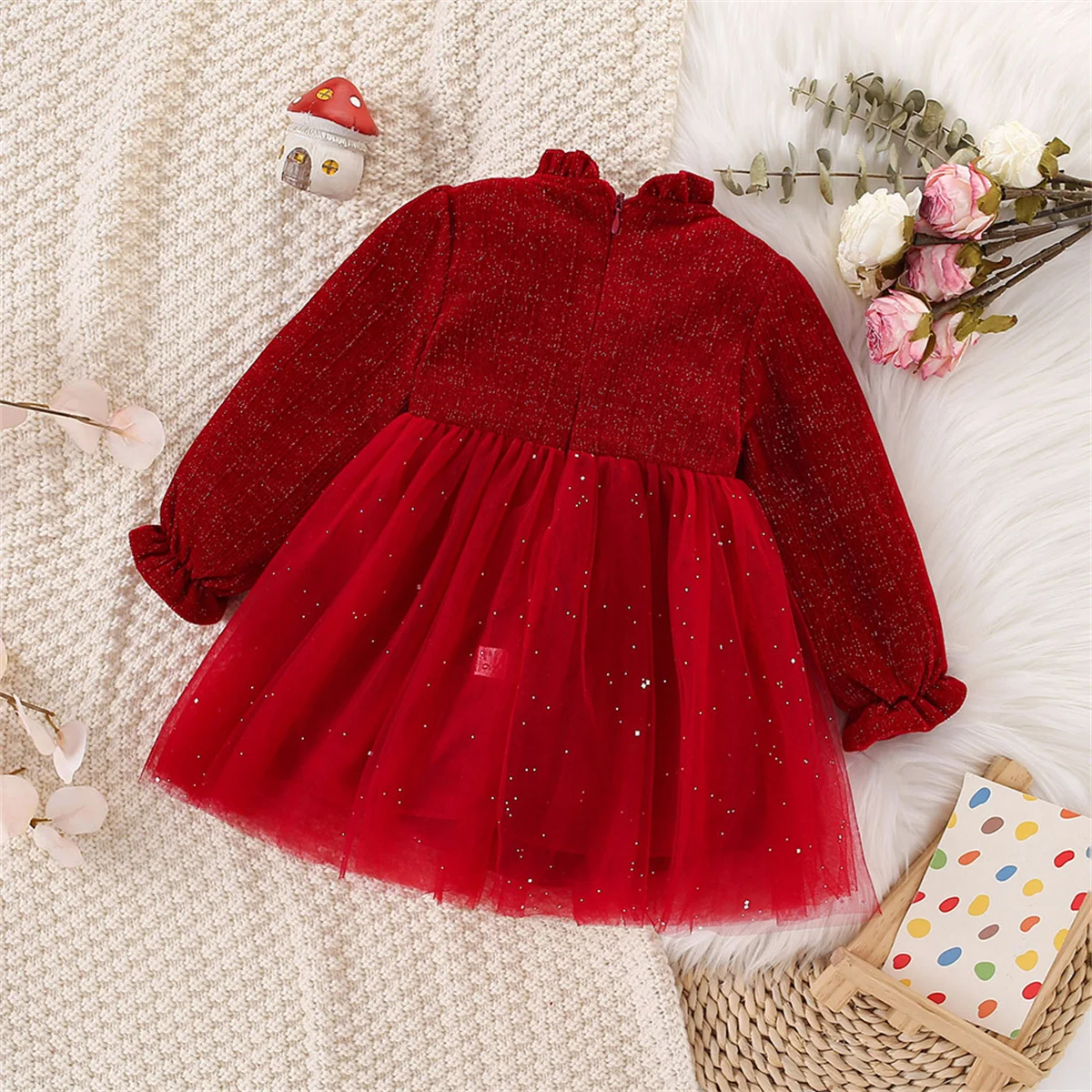 Girls\' Christmas Outfit 2/Piece Winter Baby Fleece Dress+Bag Children\'S Red Party Birthday Princess Mesh Children\'S Clothing