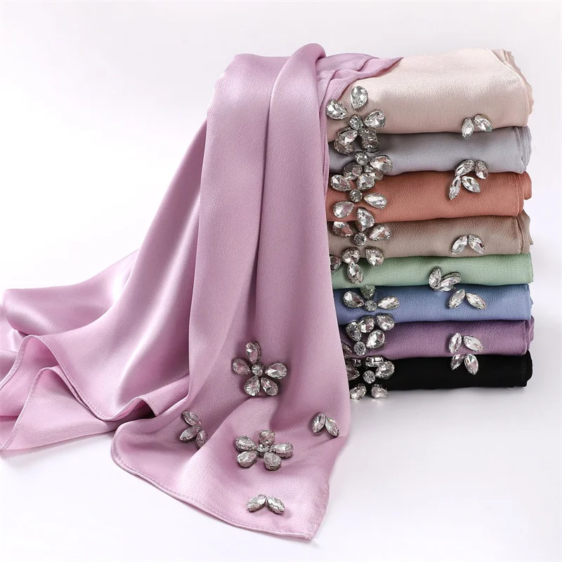 2023 Luxury Stitch Diamond Floral Bubble Chiffon Instant Hijab Shawls Lady High Quality Wrap Beach Bufandas Ramadan Muslim Sjaal