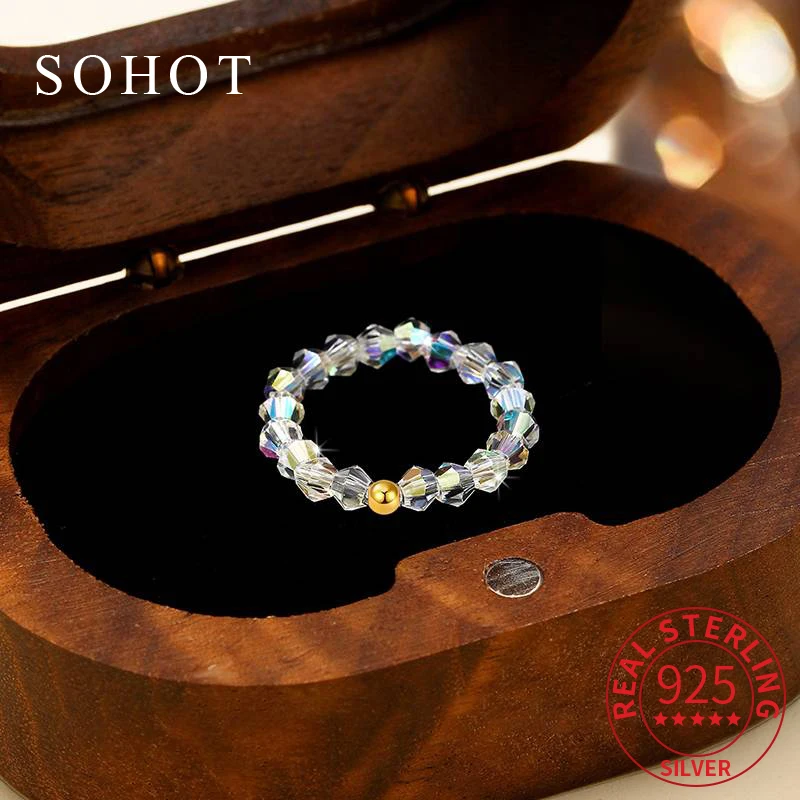 

Real 925 Sterling Silver Sparkling Geometric Bead Ring for Women Cute Party Minimalist Fine Jewelry Personality Accessories