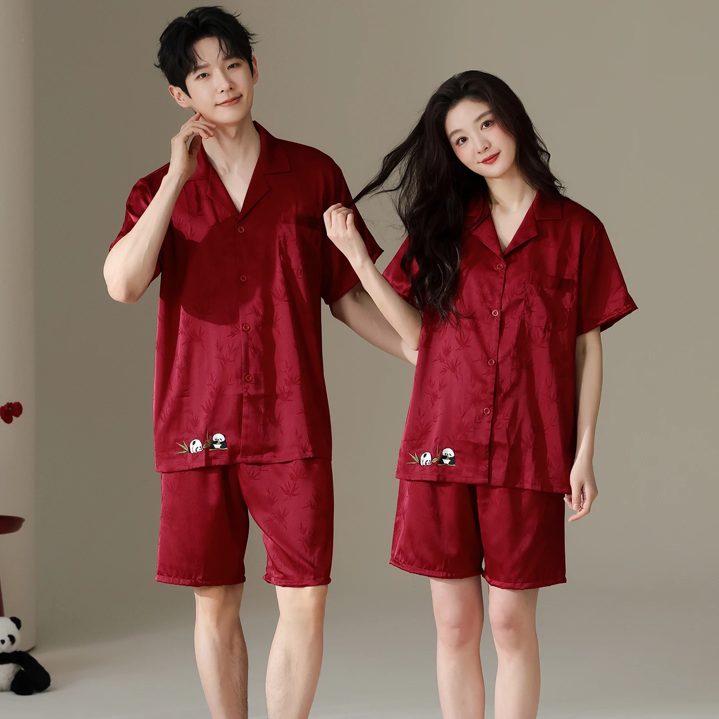 

Couples Dress Jacquard Ice Silk Short Sleeve Shorts Cardigan Pyjamas Male Festive Red Color Pajamas Set For Young Female