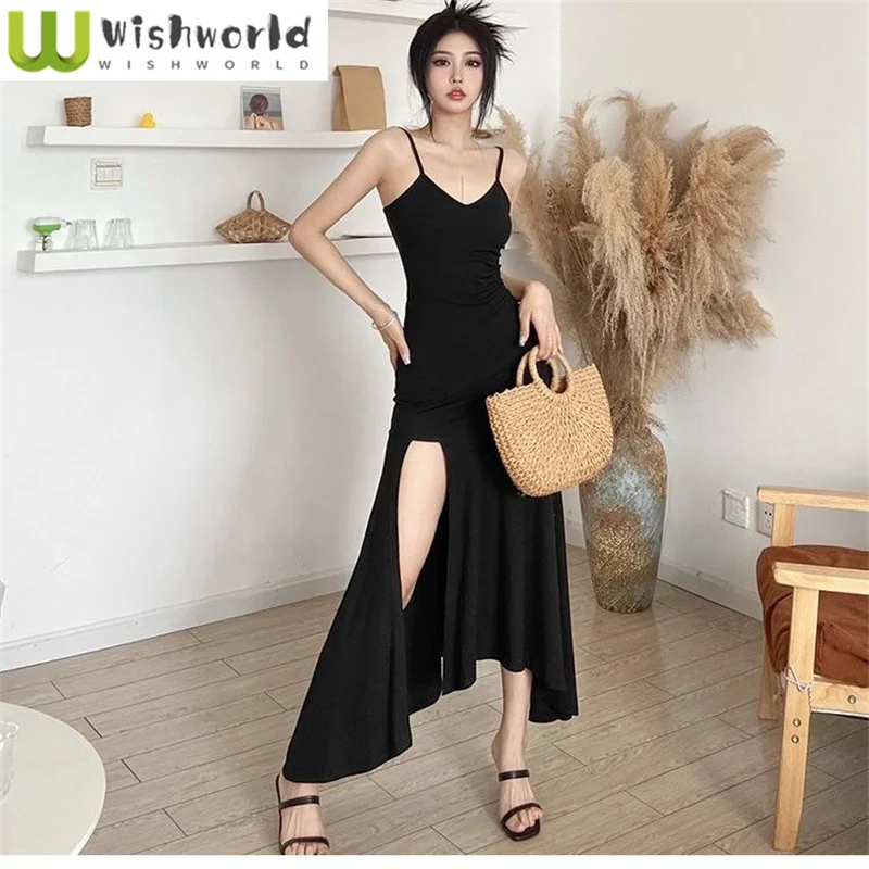 

2023 Summer New High Waist Split Sexy Strap Dress Irregular Fishtail Dress Elegant Women's Party Bodycon Dress