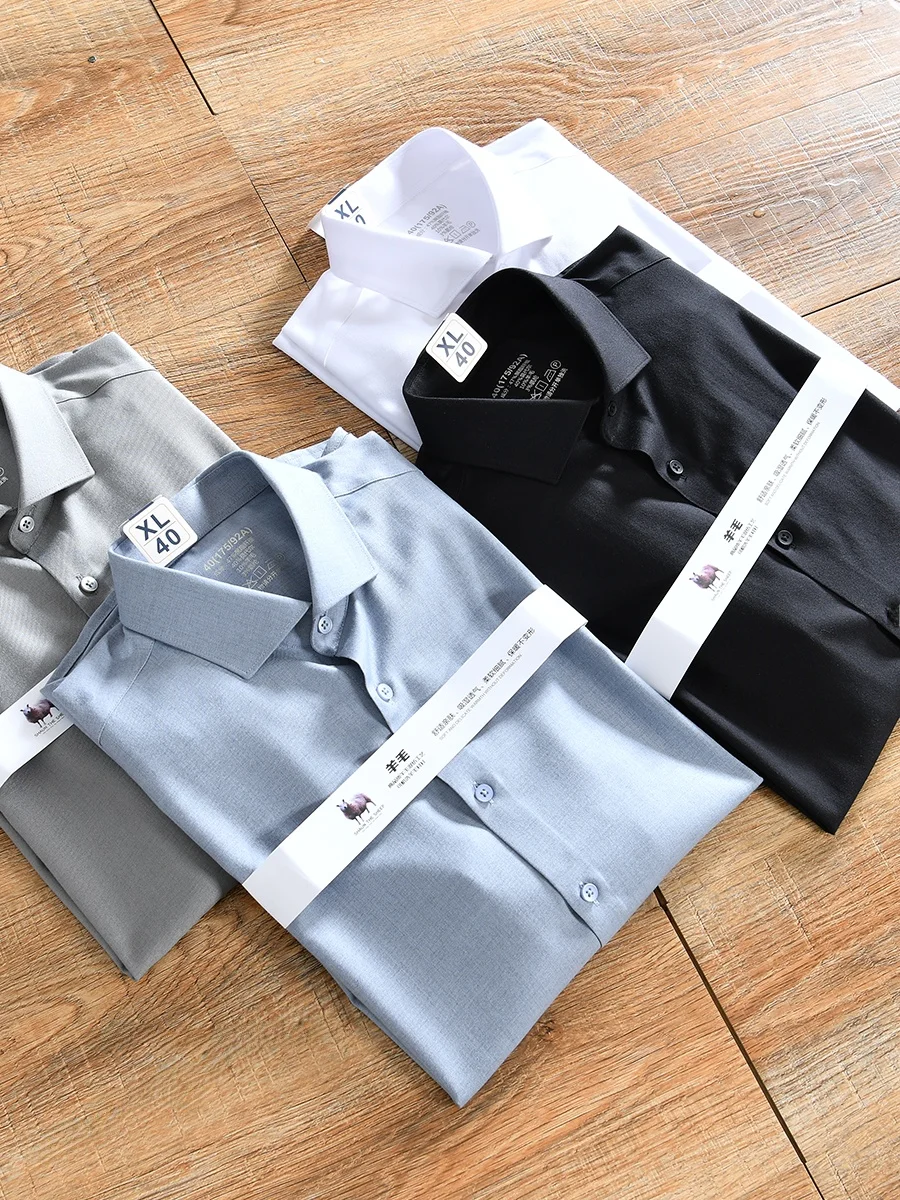 

Wool Blend Seamless Pressed Men's Casual Long Sleeve Shirt Spring Summer Business Versatile Polyester Modal Wool El...