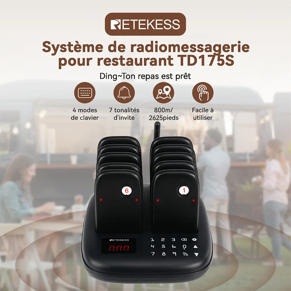 Image 3: Système d'appel sans fil RETEKESS TD175S pour restaurant, 10 canaux, avec vibreur pour café et food truck