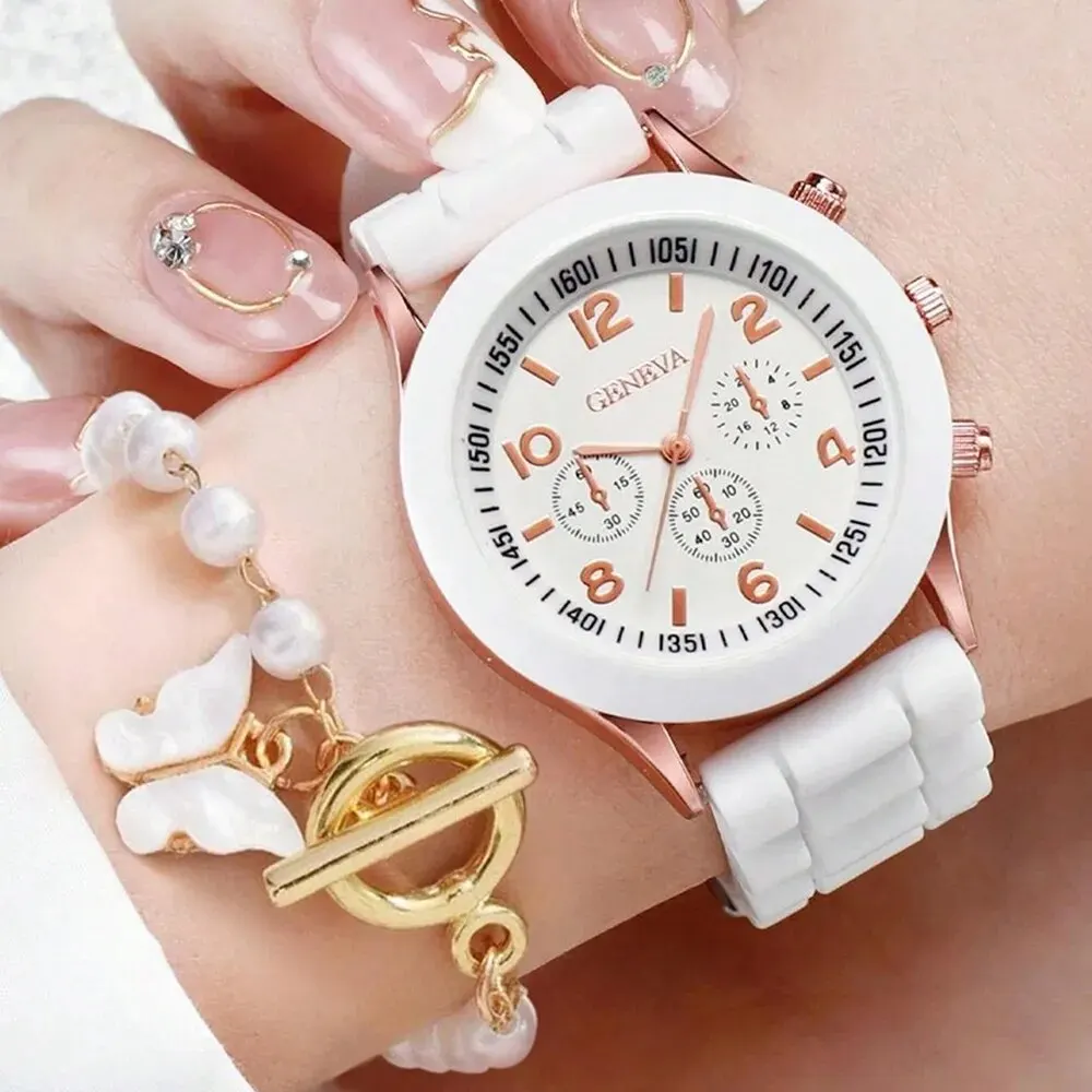 2Pcs Women Watch Luxury Fashion Elegant Alloy Wristwatch Silicone Strap Watch Quartz Holiday Gift No Box New White Watch 2023