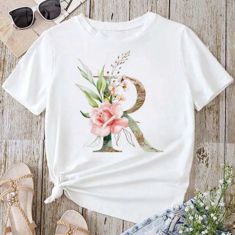 Women's Shirt with Letter Pattern Flower and English Letter Cartoon Fashion Aesthetics, Short Sleeved Printed Women's Top Tops