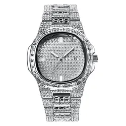 Montre de luxe vintage pour homme, bracelet en alliage, diamant, doré, date, quartz, mode hip hop, grande marque, mâle, 2024