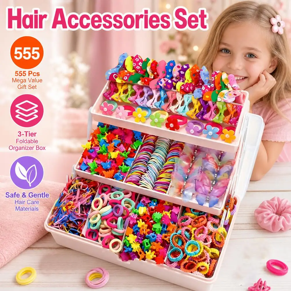 555PCS Pink Ribbon Kids Hair Accessories Set Seamless Design High Elasticity Girls Hair Ties Colorful Style Hair Bands Set