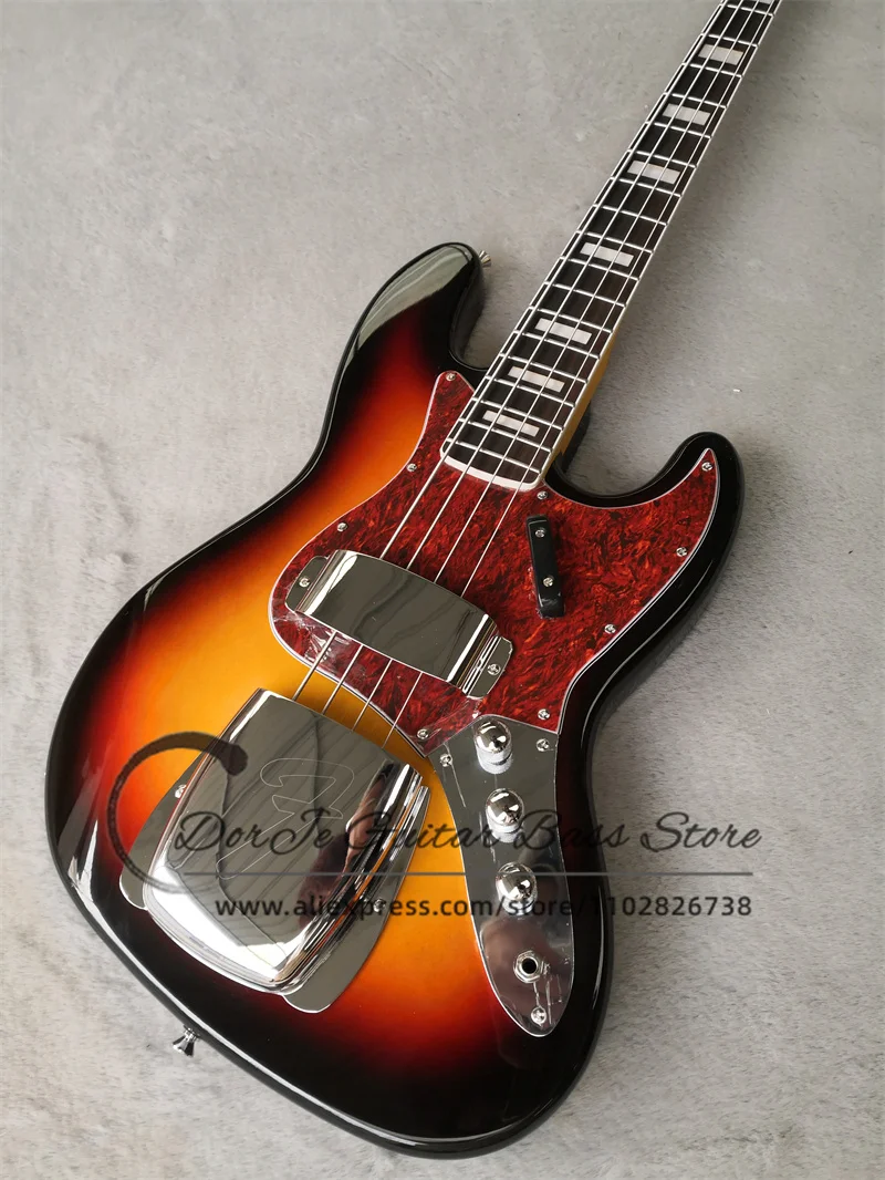 4 string Bass Guitar Sunburst Body Rosewood Fingerboard Fixed Bridge Iron protective shell Red turtle pickup guard Ja Bass