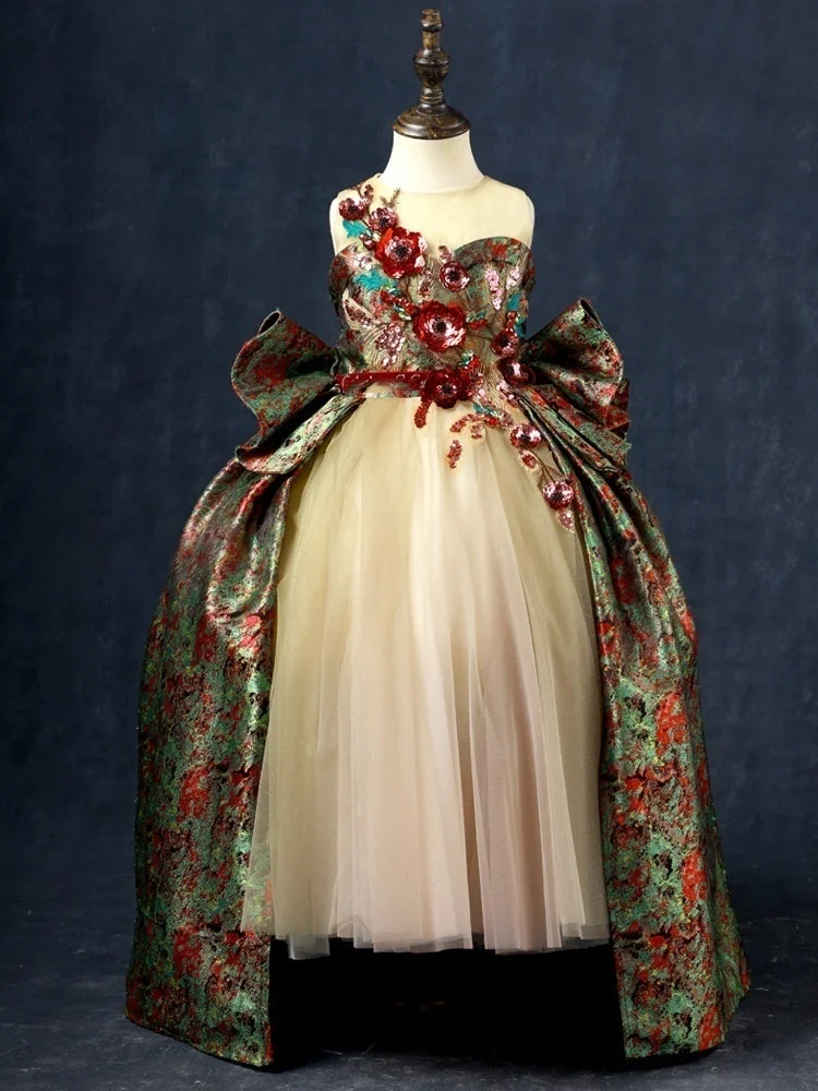 Custom Luxury Flower Girl Dress Wedding Birthday Party Pageant Catwalk Halter 3D Floral Big Bow Print Tulle Kids Gown فساتين اطف