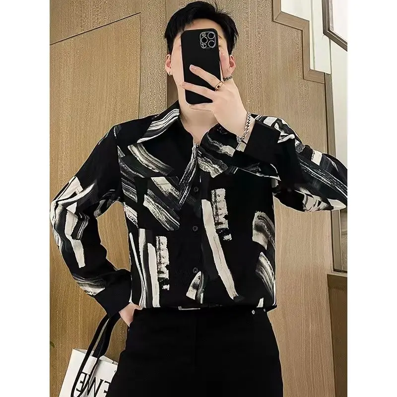 

2024 Men's High Elastic Hound Tooth Shirts Slim Casual Blouse Social Party Wear Spring Street Wear Brand High Quality Tops N322