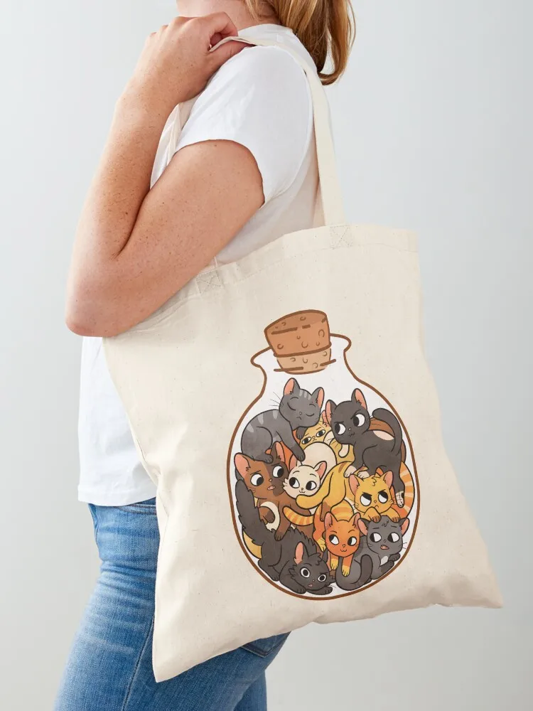 

Сумка-шоппер из холщовой ткани с принтом «Бутылка с кошками», эстетичная, женская, на плечо