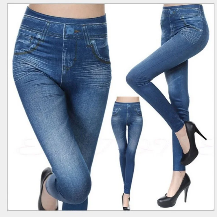 Fashionable European and American yoga pocket cinching imitation denim leggings seamless yoga pants