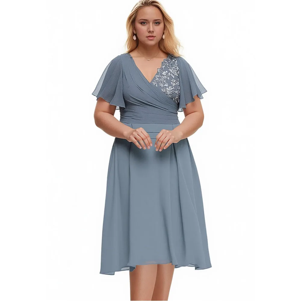 

Customized Tea Length Mother of The Bride Dress Plus Size for Women Short Sleeves Pleated Chiffon Wedding Guest Dresses 2025