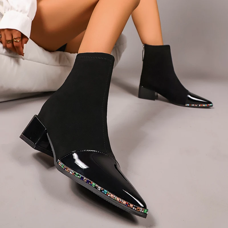 بلورات فاخرة أشار تو حذاء من الجلد النساء حجم كبير 42 عودة سستة كعب سميك أحذية امرأة موضة الجوارب القصيرة الدافئة Mujer #1
