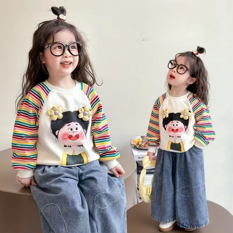 

Футболки 2025 г., детская толстовка в полоску с героями мультфильмов, мягкий пуловер в корейском стиле, которую можно стирать в машине, красочный свитшот