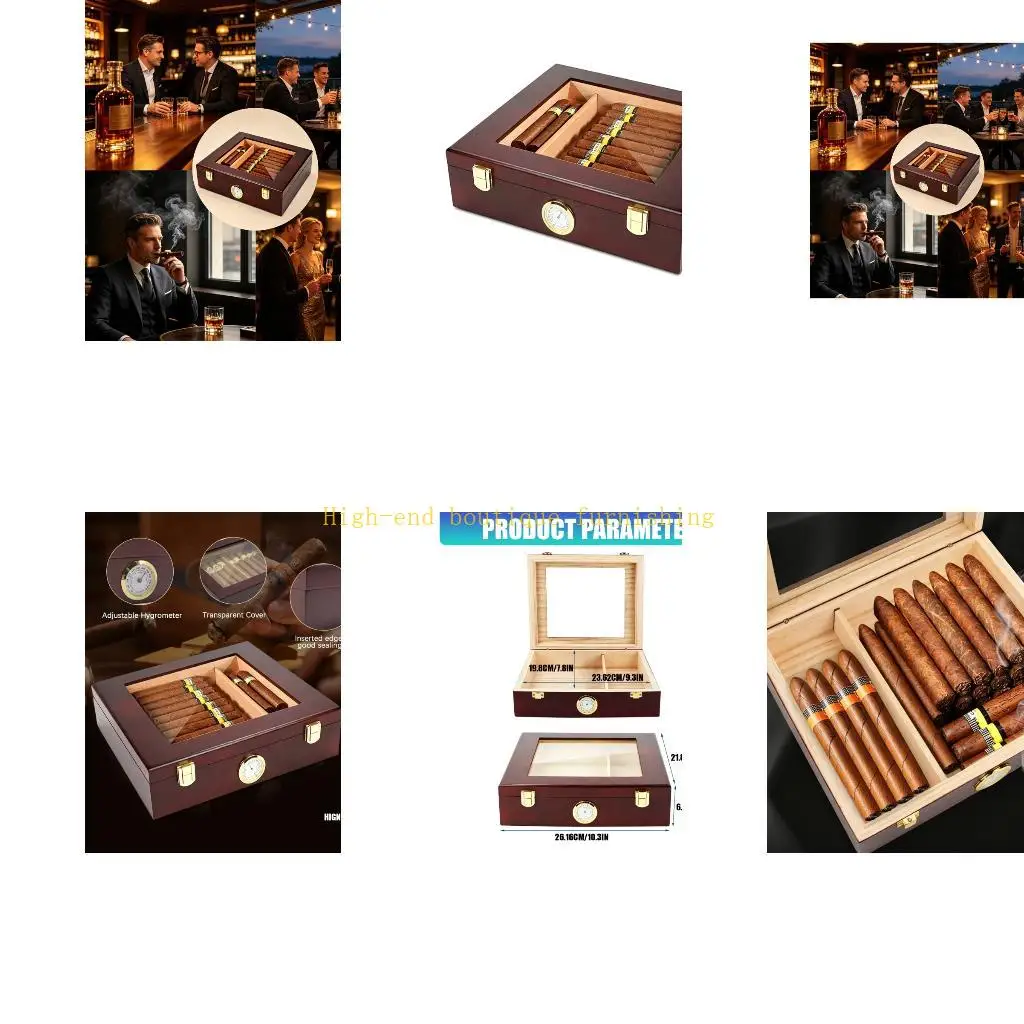 L9NB Traditional Wooden Stogie Chest Featuring Clear Top And Hygrometer