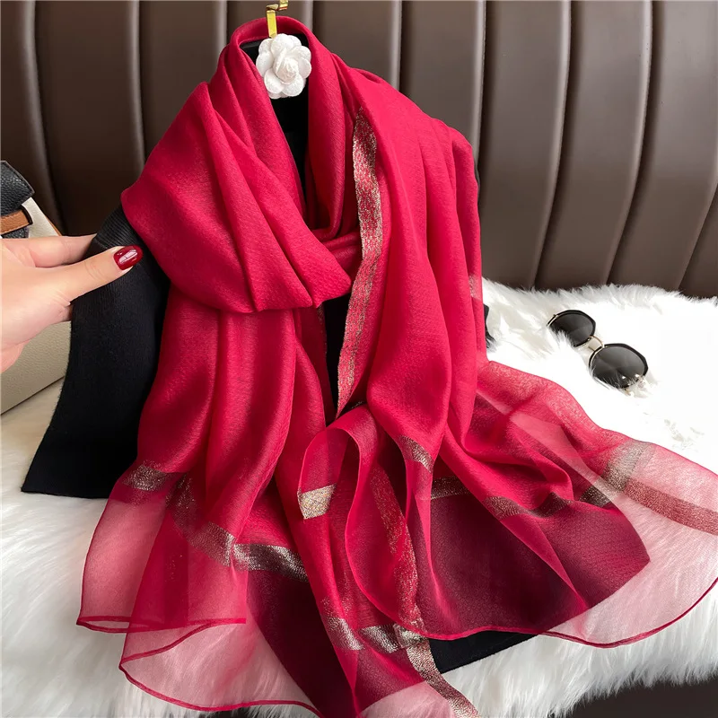 Modischer Luxus Einfarbiger Langer Seidenschal für Damen Weicher Glatter Schal Kopftuch Hijab Outdoor-Schal Langer Umhang Strandtuch – Detail 33