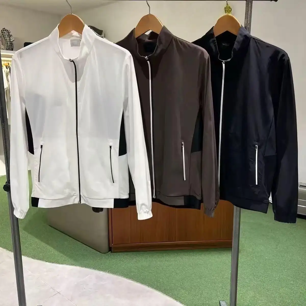 New Autumn Winter Mens Golf Windproof Jacket Color Block Lightweight Stand Collar, Outdoor Sports Golf Top Coat