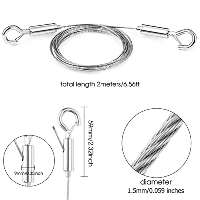 조정 가능한 그림 걸이식 와이어 미러 프레임 키트, 헤비 듀티 스테인리스 스틸, 2m x 1.5mm, 2 개