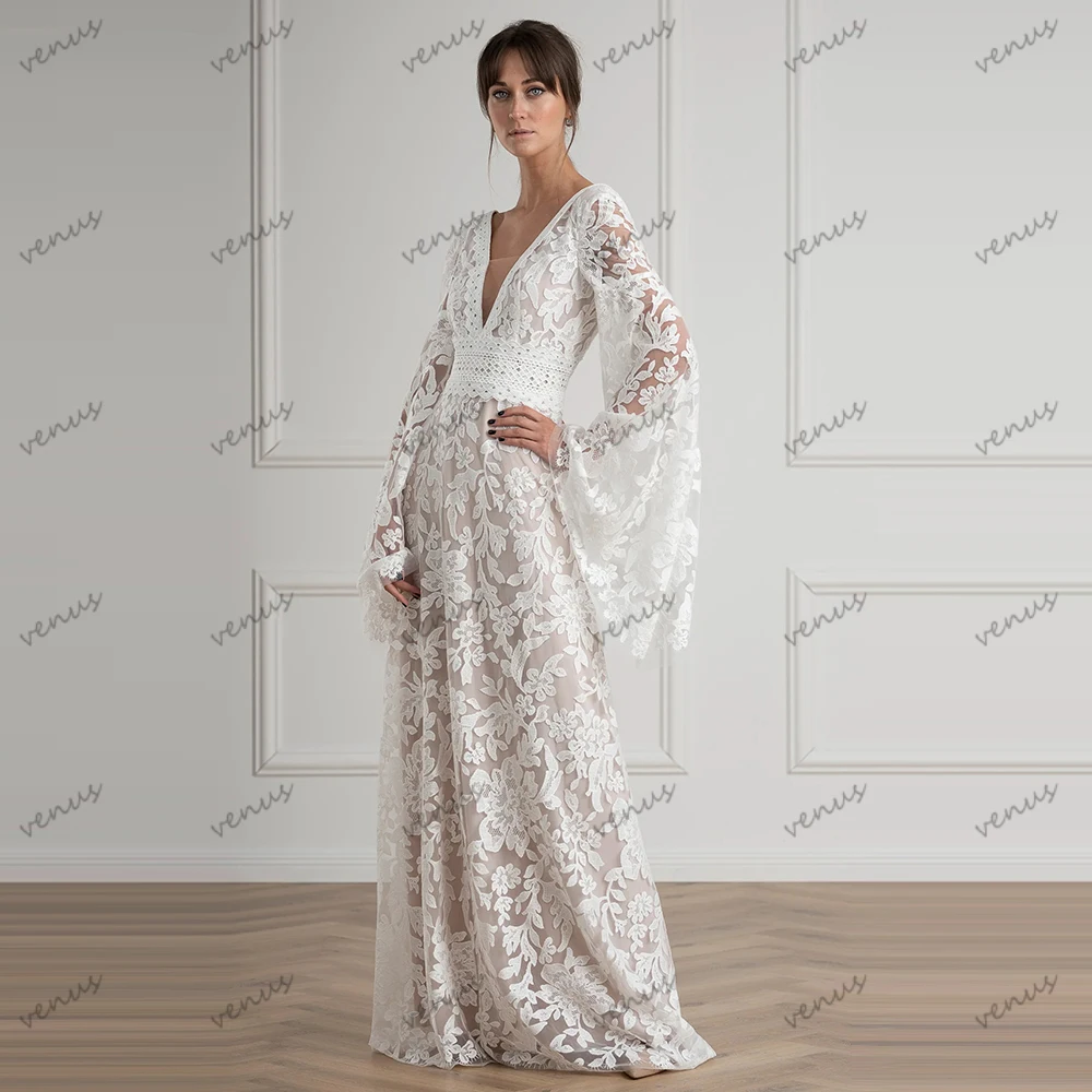 

Bohemia Wedding Dresses A Line Lace Bridal Gowns Deep V Neck Robes For Formal Party Flare Sleeves Vestidos De Novia Customized
