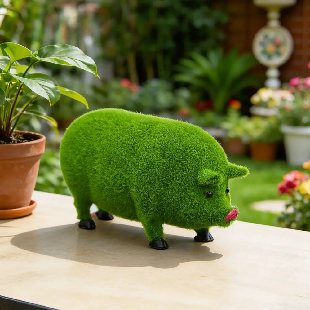 Cute Flocked Pig Ornament Resin Garden Statue Pastoral Style Outdoor Yard Lawn Decor Home Desk Animal Art Sculpture