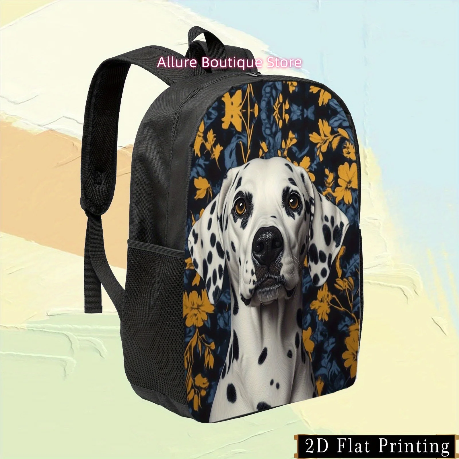 1pc Colorful Single-Sided Print Student Backpack,  Hand-Washed Print Zipper Design, Backpack with Blue and Yellow Floral Pattern