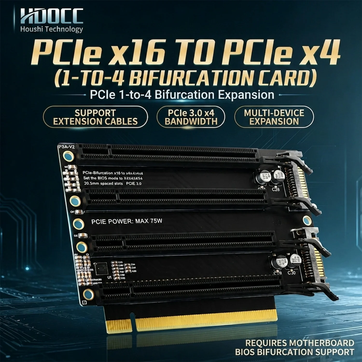 HOOCCC PCIe x16 to 4 x4 Port Bifurcation Expansion Card, PCIe 3.0 1-to-4 Splitter Riser, 20mm Spacing, SATA Power, Gold-Plated,