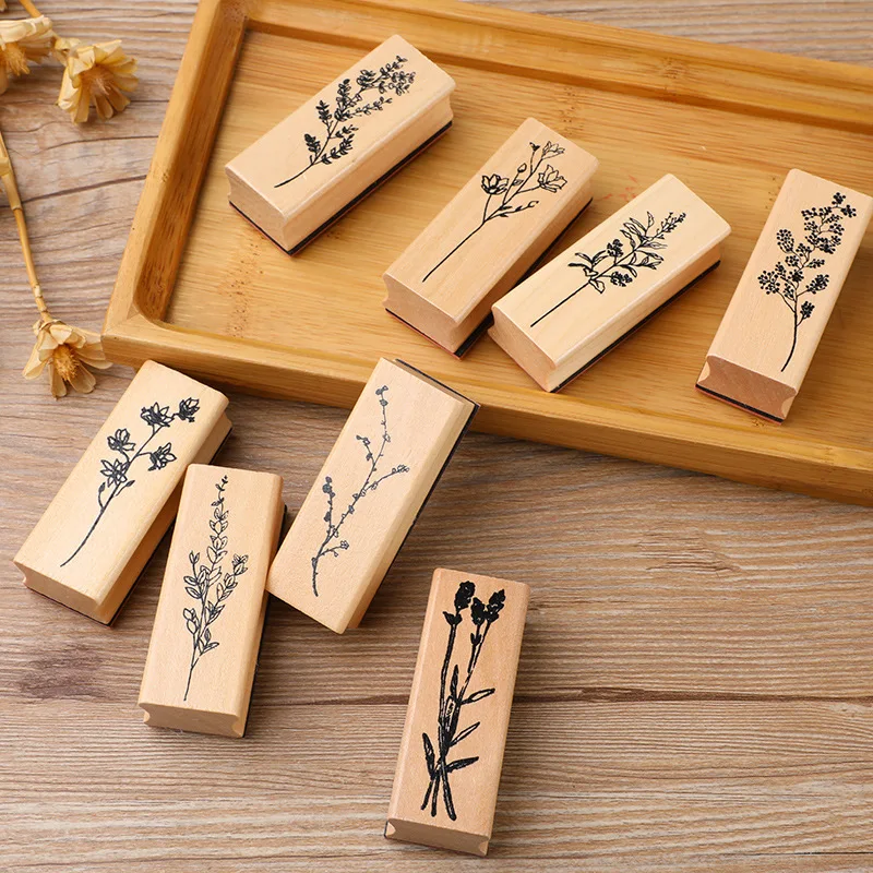 Vintage Wooden Rubber Stamps Flower Plants Inkpad Stamps DIY Card Making Paper Crafts Planner Decorations Stationery Office