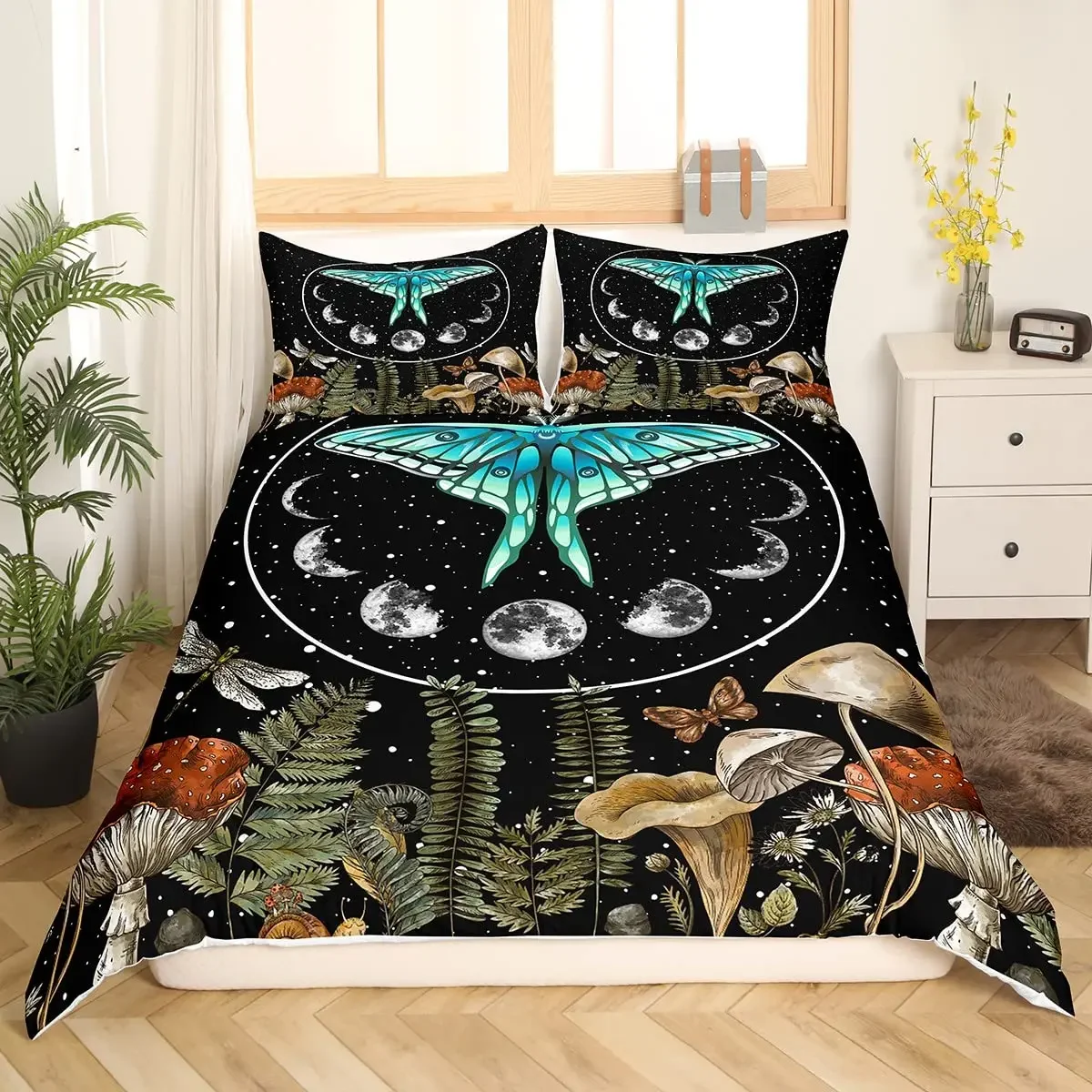 Blue Gothic Moth Duvet Cover Set Bohemian Trippy Mushroom Bedding Sets Ultra Soft Lightweight Microfiber Queen Duvet Cover Set