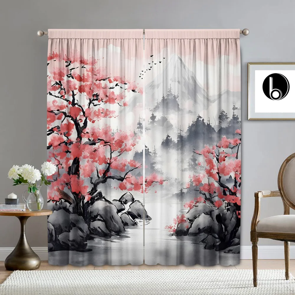 2PC Home Decoration Curtains, Snow Seeking Plum Blossom With Pole Bag Curtains, Kitchen, Coffee Shop, Living Room, Balcony