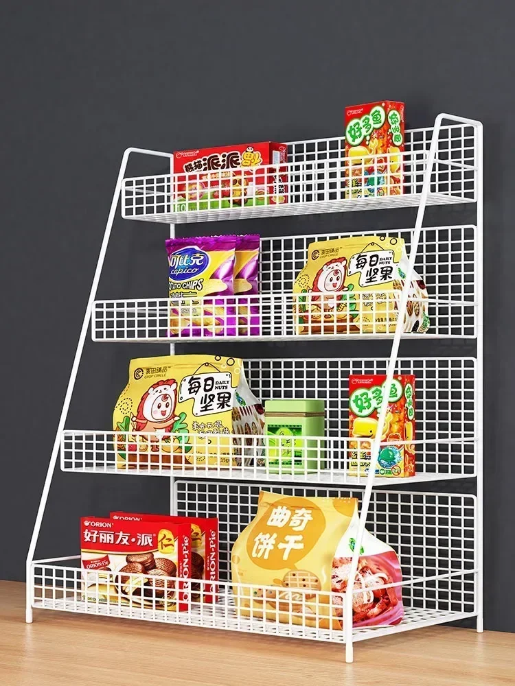 

Supermarket snack shelves, beverages, snacks, toys display, convenience store cash register, multi-level storage