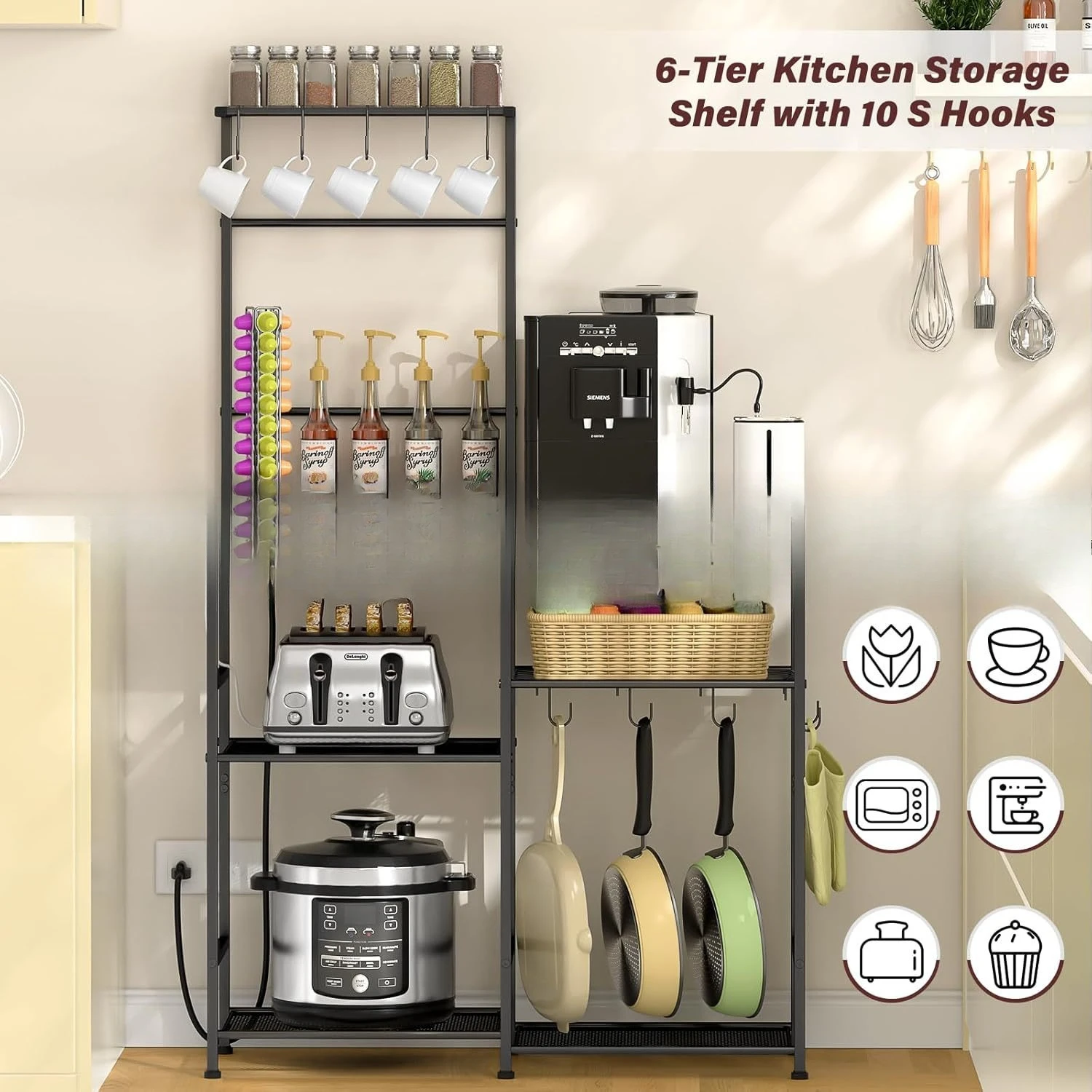 رف فرن الميكروويف للمطبخ، وعاء من الحديد المطاوع من الأرض إلى السقف، رف فرن ميكروويف متعدد الوظائف للتخزين مع مقبس طاقة #4