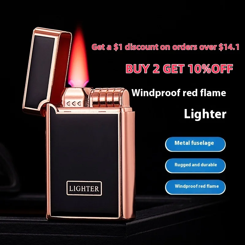 

New Outdoor Inflatable Red Flame Windproof Lighter Sturdy And Durable Simple Style Lighter Men's Gift Butane Gas Lighter