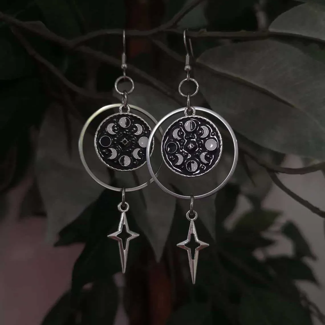 Moon Phase Cross Star Earring,Gothic Jewelry,Punk Accessories,Magic,Vintage,Y2K,Mysterious,Witchcraft,Ear hook ,For Women Girls