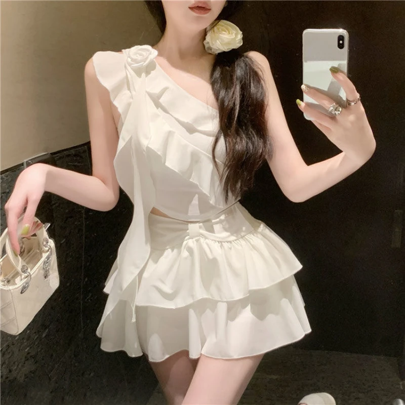 Summer 2024 Japanese 2 Piece Skirt Set Women Off-the-Shoulder Sexy Y2k Crop Top Slim Fit Ruffle Y2k Mini Skirt Chiffon Korean