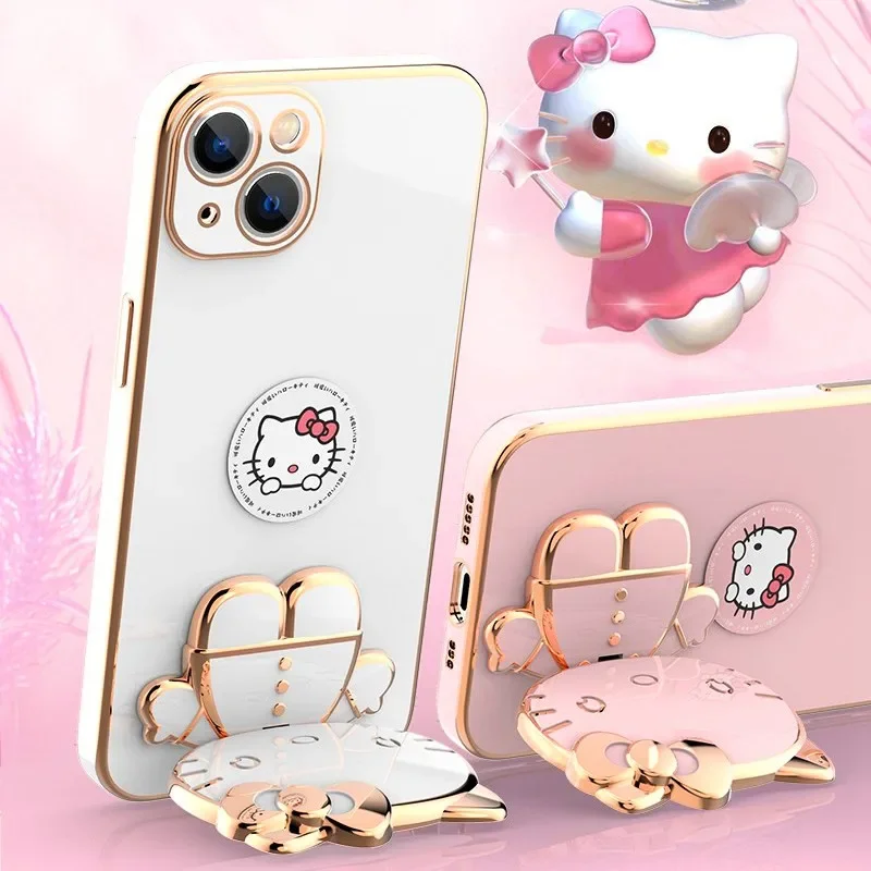 Hello Kitty Electroplated Plating Frame Phone Case For iPhone 11 12 13 14 Pro Max Mini XR XS X 8 7 6 6S Plus SE 2020 Back Cover