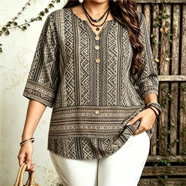 Women Ethnic Tribal Geometric Border Print Blouse For Curvy Figures Notched Neck 3/4 Sleeve Loose Casual Ladies Tops